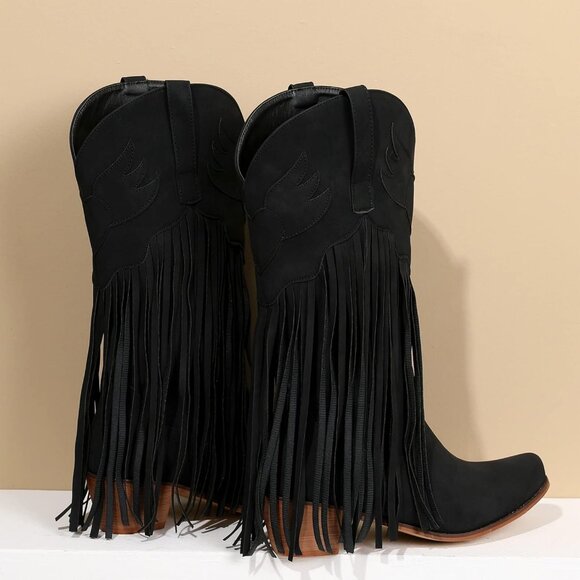 Women's Black Fringe Cowboy Boots Square Toe Mid Calf Embroidered Western Boots - Picture 4 of 6
